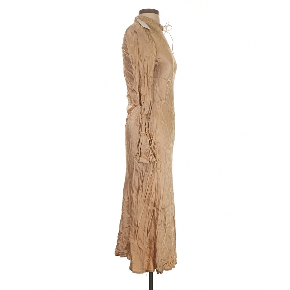 Avanel Couture Tan Satin Midi Dress Ruffle Neck Lace Up Bell Sleeve Small - Picture 5 of 9